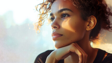 A young woman's serene profile is bathed in warm sunlight, with her curly hair gently framing her contemplative face. This evocative image showcases a quiet moment of reflection