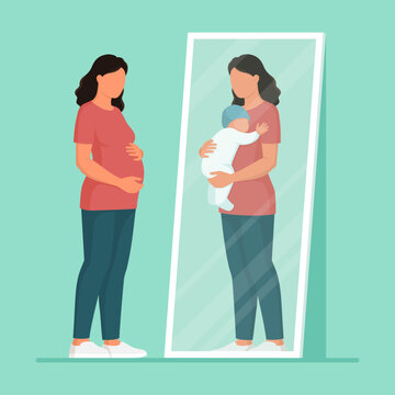 Pregnant woman looking in a mirror and seeing herself with her baby