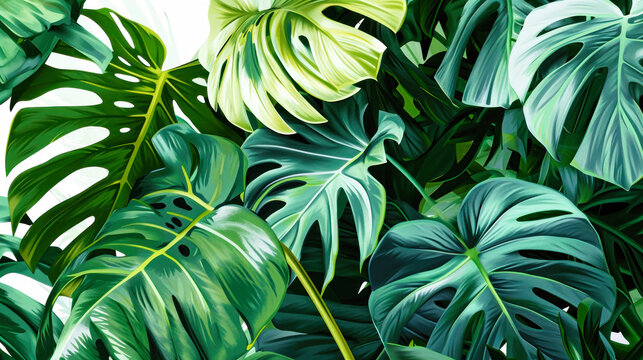 Top view of big green palm leaves and monstera plant on white background. space for product placement or text. Resort and vacation concept.