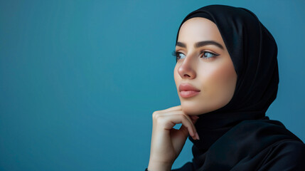 An elegant woman wearing a hijab looks pensively into the distance, her profile accentuated against a cool blue backdrop. A sense of contemplation and the quiet strength that comes from within