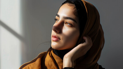 The golden hues of a hijab complement the natural glow of a young woman's face as she looks contemplatively out of a sunlit window. A serene moment filled with warmth and reflection