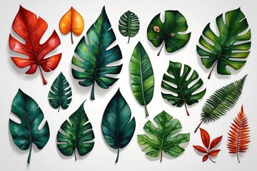 Fototapeta premium set of monstera leaves illustration, collection of tropical leaves illustration