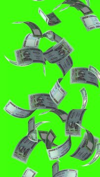 Vertical 4K - Five hundred Bangladeshi Taka, BDT, Tk, bills are falling on Green background. Great use for money and finance related concepts. Green Screen.