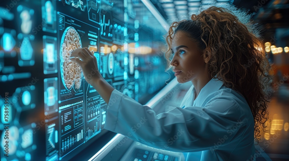 Poster A training session in progress with HR personnel using AI application to customize learning modules for employees based on their skills and performance data in high-tech training room. Generative AI.