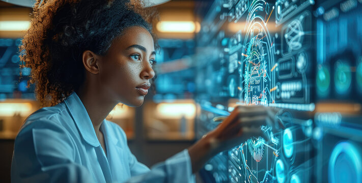 A training session in progress with HR personnel using AI application to customize learning modules for employees based on their skills and performance data in high-tech training room. Generative AI.