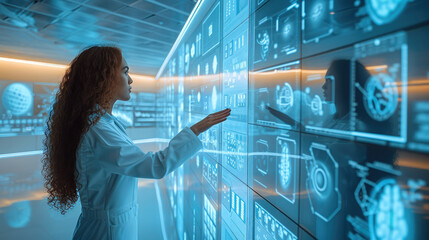 A training session in progress with HR personnel using AI application to customize learning modules for employees based on their skills and performance data in high-tech training room. Generative AI.