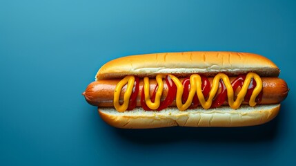 Classic hotdog with ketchup and mustard. Isolated on blue background. top view. Room for copy space
