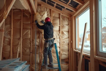 Naklejka na ściany i meble installer insulating walls in house Generative AI