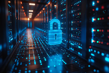 Secure Network Hub: Blue Padlock Hologram in Server Room