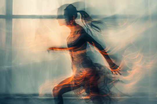 A woman is running in a blurry image with orange and blue colors. The image has a dreamy and surreal feel to it, as if the woman is running through a magical world