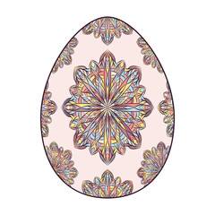 Hand drawn colorful Easter egg with patterns, curls, flowers. Spring Happy Easter egg with floral elements, decorative ornament. Vector cute illustration isolated on white background