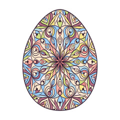 Hand drawn colorful Easter egg with patterns, curls, flowers. Spring Happy Easter egg with floral elements, decorative ornament. Vector cute illustration isolated on white background