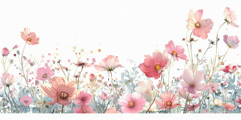 Beautiful pink cosmos flowers on a white background with space for name and email address