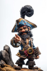 cartoon character funny captain pirate in hat points with finger at a copy space on a white isolated background