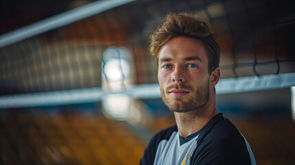 Portrait of a attractive caucasian male volleyball player in the court, sport photography