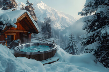 Jacuzzi on a snowy mountain next to a wooden cabin - obrazy, fototapety, plakaty