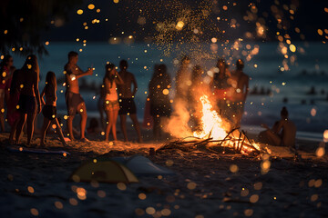 Bonfire on the beach during San Juan night - obrazy, fototapety, plakaty