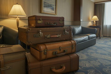Stack of old leather suitcases