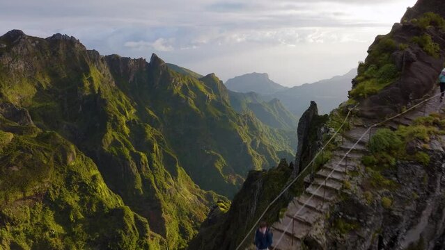 Aerial drone view of PR1 hike, stairway to heaven pathway, near Pico de Areeiro, Madeira Island, Portugal