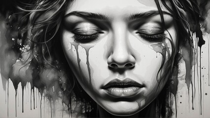 Illustration close up portrait of a sad crying woman with mascara running down her face in a black and white grayscale paint splash watercolor painting style