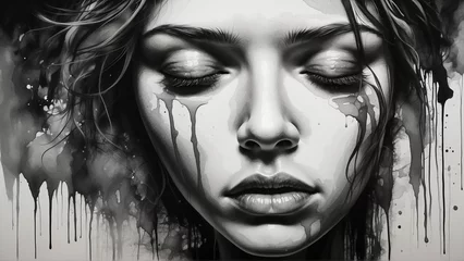  Illustration close up portrait of a sad crying woman with mascara running down her face in a black and white grayscale paint splash watercolor painting style © Toni