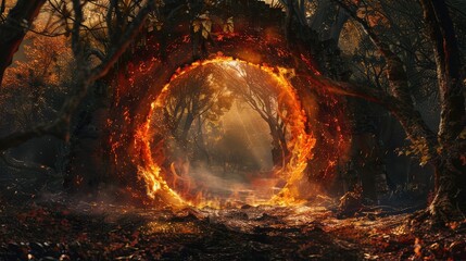 Enchanted Forest Gateway Embellished With Fiery Embers at Twilight. Portal to another world. Transition to another universe.