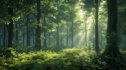 A dense, lush forest filled with towering trees and dappled sunlight filtering through the leaves.