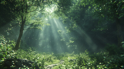 A dense, lush forest filled with towering trees and dappled sunlight filtering through the leaves.