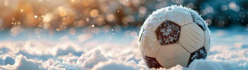 A soccer ball or football is sitting in the snow