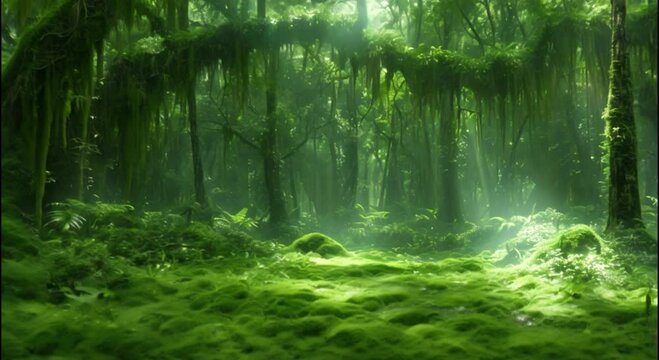 view of a forest covered in moss footage