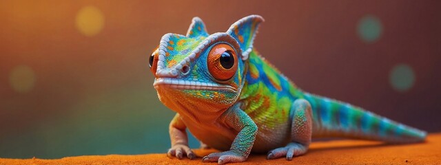 Colorful colored chameleon, lizard close up with big eye, on a solid color background, Banner with...