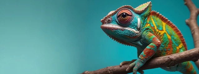 Selbstklebende Fototapeten Colorful colored chameleon on brunch, lizard close up with big eye, on a solid color background, Banner with Space for Copy, flowers, panorama background  © Sanita