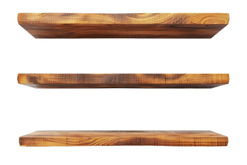 Three-tiered wooden floating shelves with rich texture and visible knots isolated on transparent background