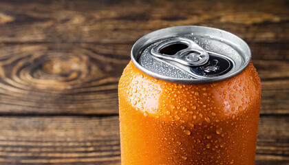 Orange aluminum can with condensation drops on wooden table. Beer or soda drink package.