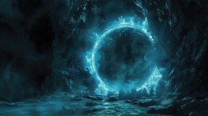 Mystical Blue Portal Glowing in a Dark Enchanted Forest at Night/ Portal to another world. Transition to another universe.