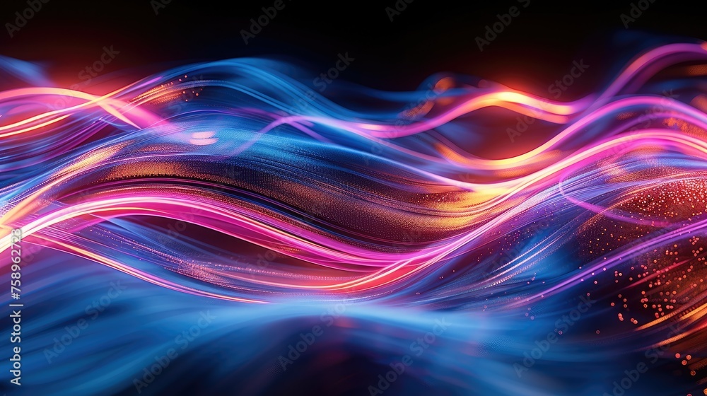 Poster abstract light lines and blue lines on a black background, in the style of light purple and light ma