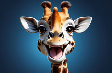Portrait of smiling giraffe with long neck and spotted coat on a blue background.