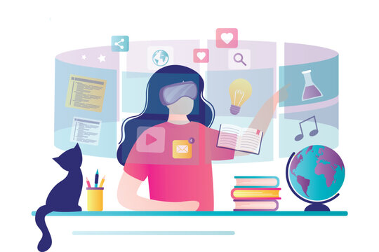 Academic student sitting at desk and interacting with virtual reality. Female user wearing a VR headset and learning in the metaverse. Online lesson.