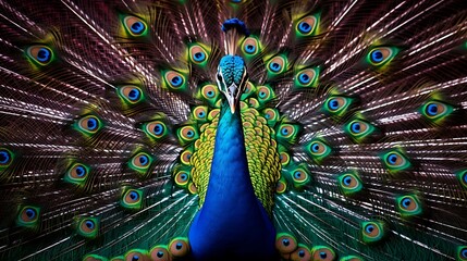 Fototapeta premium Splendor Unveiled: The Magnificent Peacock, Adorning Nature's Canvas with its Opulent Plumage, a Spectacle of Elegance and Grandeur as it Displays its Radiant Feathers in a Mesmerizing Array of Color