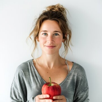 Portrait of a 35-year-old woman with wellness awareness, specialising in healthy eating, white background