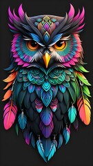 Fototapeta premium Vivid Tribal Owl Tattoo Logo: Intricate Mandala Patterns & Neon Undertones on Darkest Black Background - Elevating Minimalist Elegance