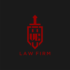 VE initial monogram for law firm with sword and shield logo image