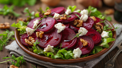 Beetroot and goat cheese salad, salad in a bowl