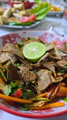 Ramadan breakfast table: dates, samosa, pies, sweets, popular dishes