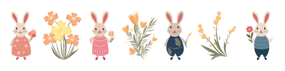 Obraz premium Set of flat children's illustrations of rabbits with plant elements 2