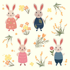 Set of flat children's illustrations of rabbits with plant elements, flowers 1