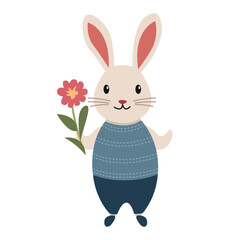 Flat children's illustration of a rabbit in clothes with a bouquet of flowers 2