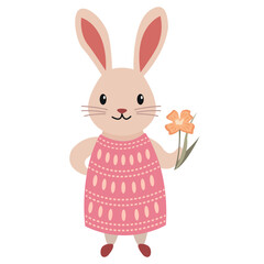 Flat children's illustration of a rabbit in a dress with a bouquet of flowers 2