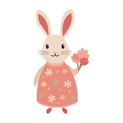 Flat children's illustration of a rabbit in a dress with a bouquet of flowers 1
