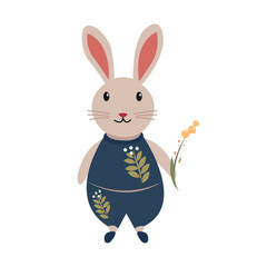 Flat children's illustration of a rabbit in clothes with a bouquet of flowers